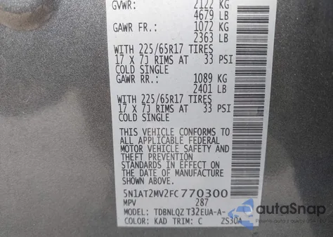 2015 Nissan Rogue Sv from USA, damaged, VIN 5N1AT2MV2FC770300